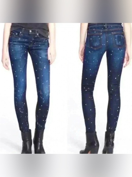 rag & bone Denim - RAG & BONE Blue White Dark Rinse Andfield Splatter Paint Skinny Jeans